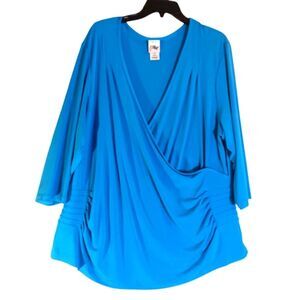 Just My Size Fiesta Blue 3/4 Sleeve V Neck Faux Wrap Jersey Top 3X